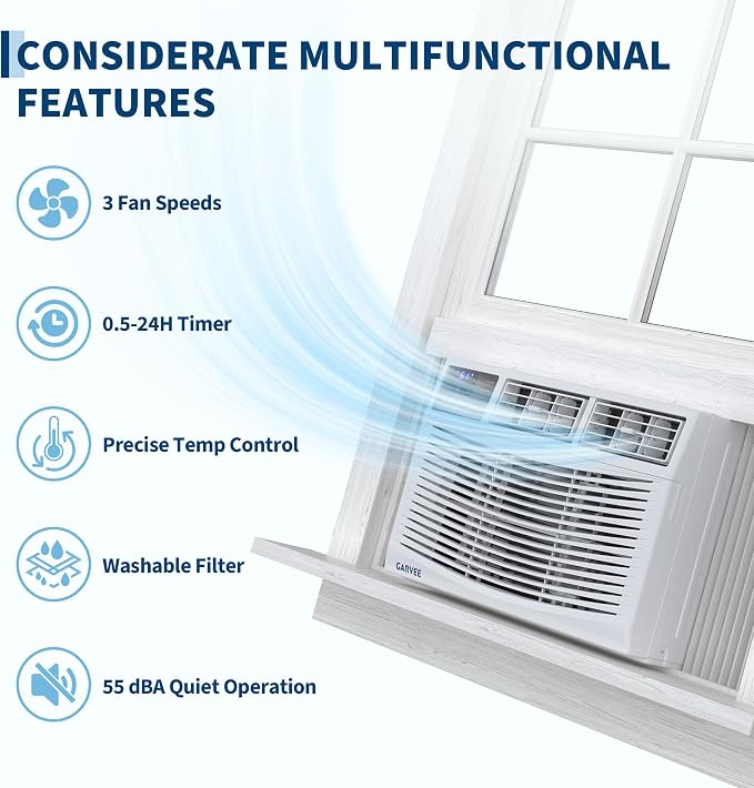 12000 BTU Window Air Conditioner with Remote Control, Cools up to 550 Sq. Ft, 3 Cooling & Fan Speeds, Quiet Operation, LED