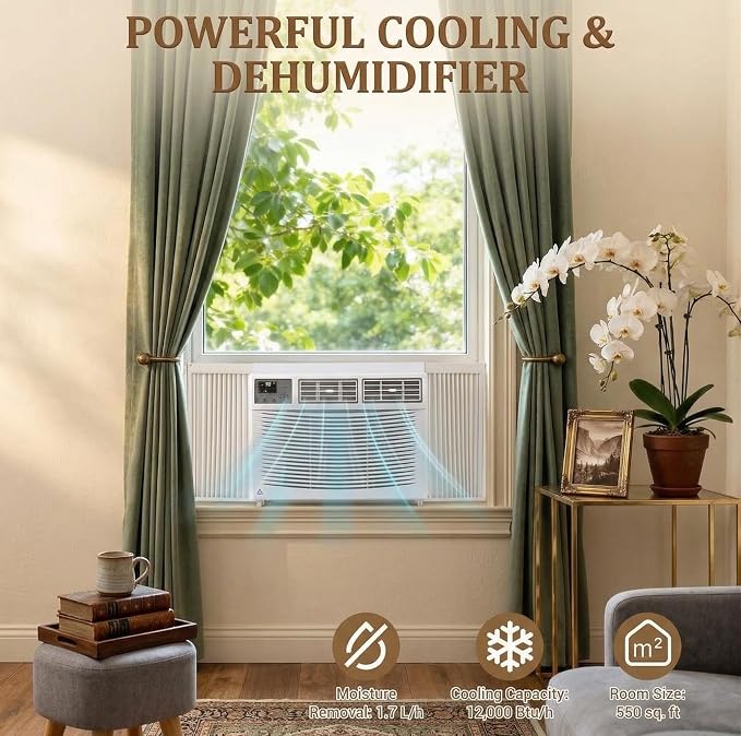 12000 BTU Window Air Conditioner with WiFi Smart Control, Cools up to 550 Sq Ft, 10.9 CEER Energy Efficient AC Unit with