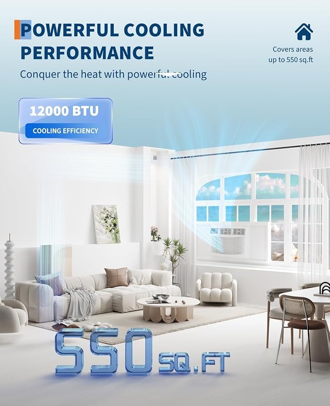 12000 BTU Window Air Conditioner with WiFi, Window AC Unit Cools Up to 550 Sq. Ft., Energy Saving with Remote & App Control &