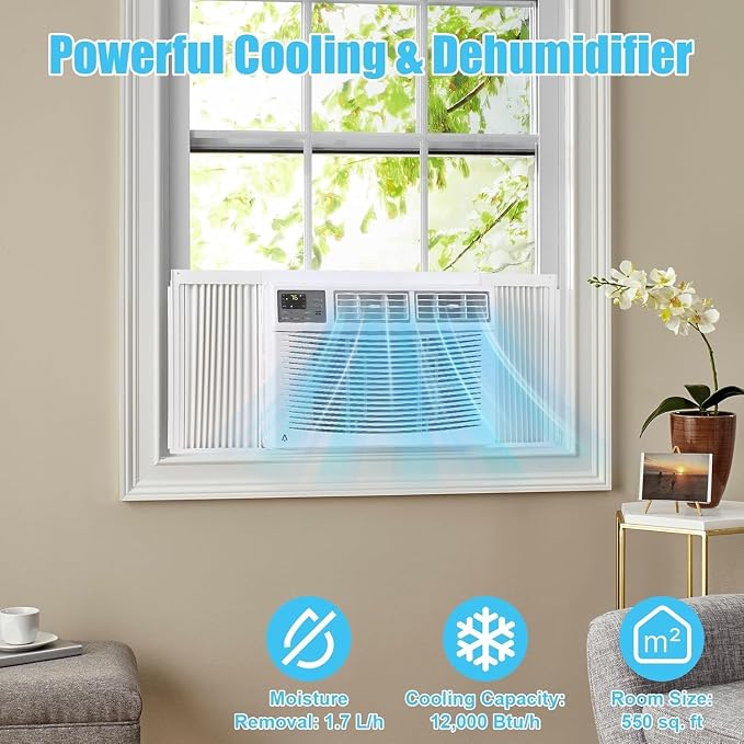 12000 BTU Window Air Conditioner with WiFi, Window AC Unit Cools Up to 550 Sq. Ft., Energy Saving with Remote & App Control &