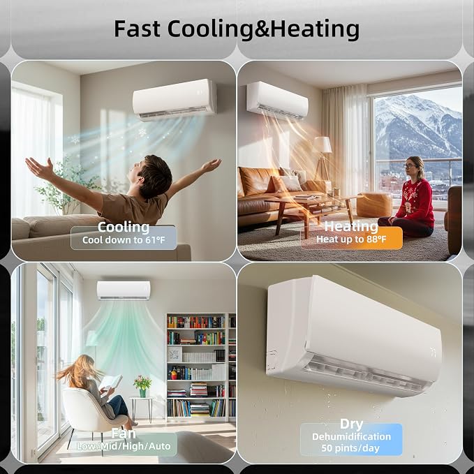 12000BTU Mini Split AC/Heating System, 19 SEER2 Energy Efficient Mini Split Air Conditioner with Heat Pump, 230V Cools Up to