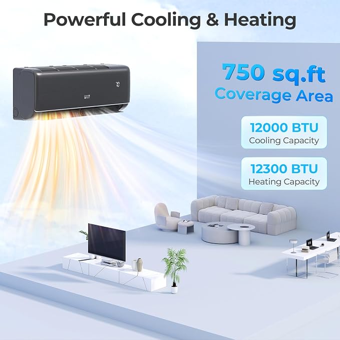 12000BTU Mini Split Air Conditioner& Heater, 22 SEER2 115V Inverter Heater Pump System Cools Up to 750 Sq. Ft, Compatible