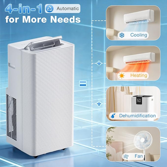 12000BTU Portable Air Conditioner with Heater, 4-in-1 Portable AC Unit with Cooling & Heating, Fan & Dehumidifier up to 520