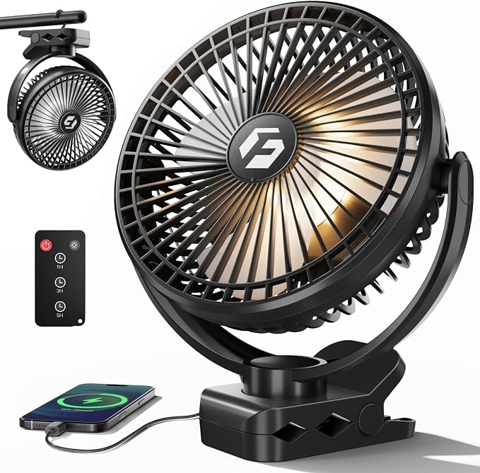 12000mAh 8 Inch Portable Clip On Fan Rechargeable, Battery Operated Desk Fan, Camping Fans with lights and Remote, USB Fans