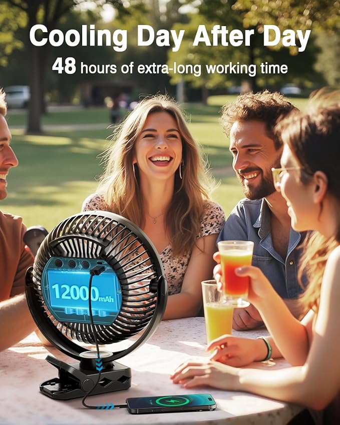 12000mAh 8 Inch Portable Clip On Fan Rechargeable, Battery Operated Desk Fan, Camping Fans with lights and Remote, USB Fans