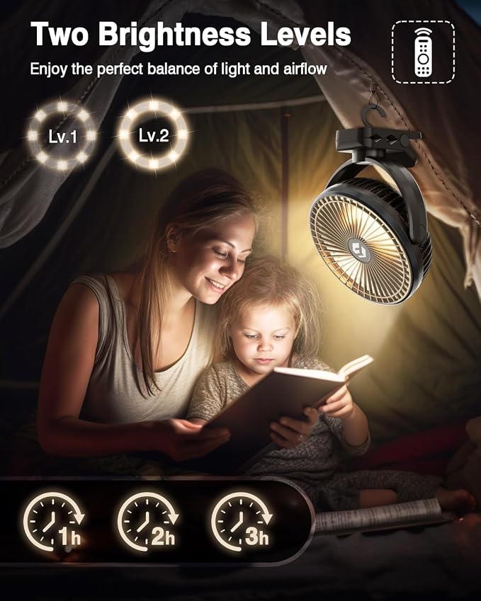 12000mAh 8 Inch Portable Clip On Fan Rechargeable, Battery Operated Desk Fan, Camping Fans with lights and Remote, USB Fans