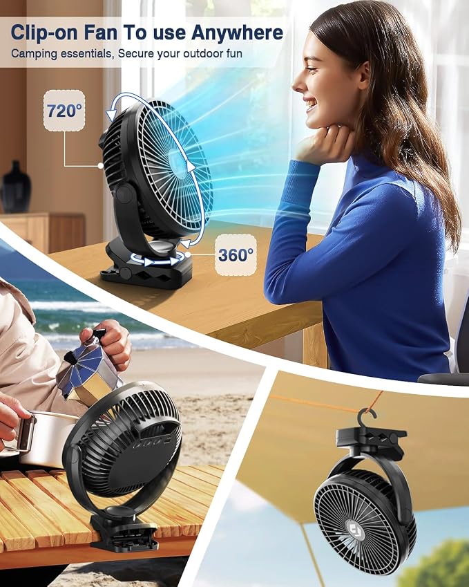 12000mAh 8 Inch Portable Clip On Fan Rechargeable, Battery Operated Desk Fan, Camping Fans with lights and Remote, USB Fans
