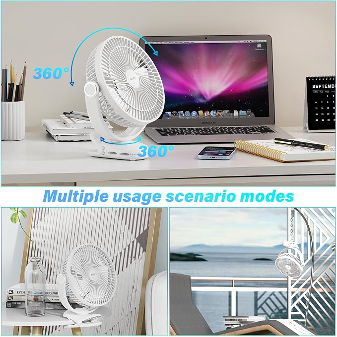 12000mAh Clip on Fan 30H Longest Runtime, 8in Portable Fan Rechargeable, Ultra Quiet with Heavy-Duty Clamp, USB Desk Fans for