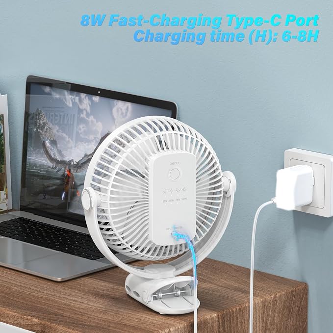 12000mAh Clip on Fan 30H Longest Runtime, 8in Portable Fan Rechargeable, Ultra Quiet with Heavy-Duty Clamp, USB Desk Fans for