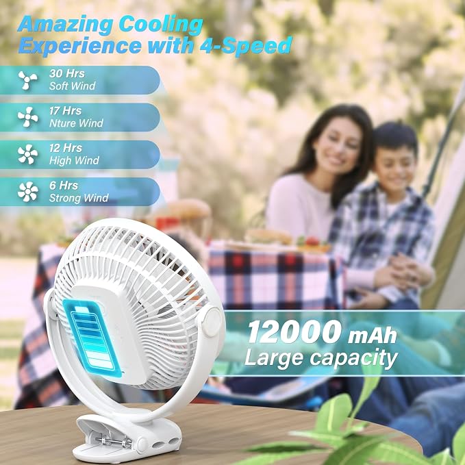 12000mAh Clip on Fan 30H Longest Runtime, 8in Portable Fan Rechargeable, Ultra Quiet with Heavy-Duty Clamp, USB Desk Fans for