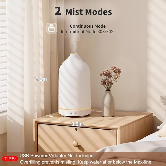 120ML Essential Oil Diffuser Ceramic Aromatherapy Diffuser with 7-Color LED Lights, Auto Shut-Off, 2 Mist Modes, alternate