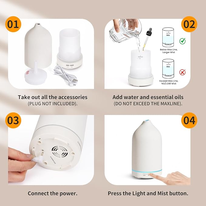 120ML Essential Oil Diffuser Ceramic Aromatherapy Diffuser with 7-Color LED Lights, Auto Shut-Off, 2 Mist Modes, alternate