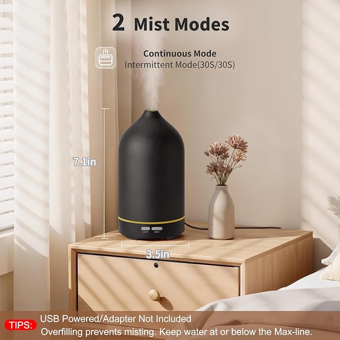 120ML Essential Oil Diffuser, Ultrasonic Aromatherapy Diffuser with Sleek Black Ceramic Design, 7-Color LED Lights, alternate