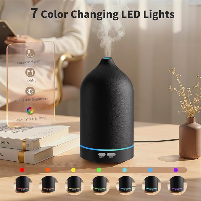 120ML Essential Oil Diffuser, Ultrasonic Aromatherapy Diffuser with Sleek Black Ceramic Design, 7-Color LED Lights, alternate