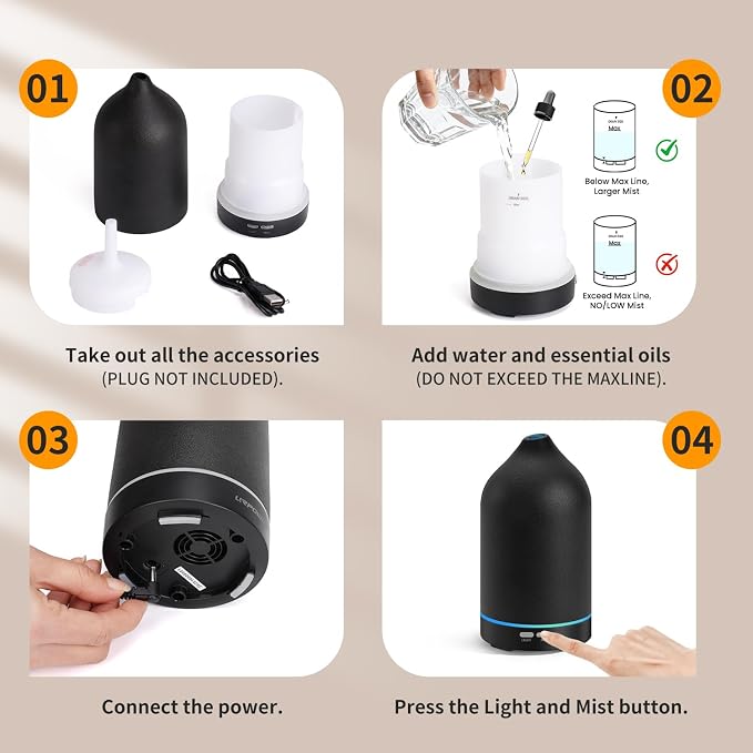 120ML Essential Oil Diffuser, Ultrasonic Aromatherapy Diffuser with Sleek Black Ceramic Design, 7-Color LED Lights, alternate