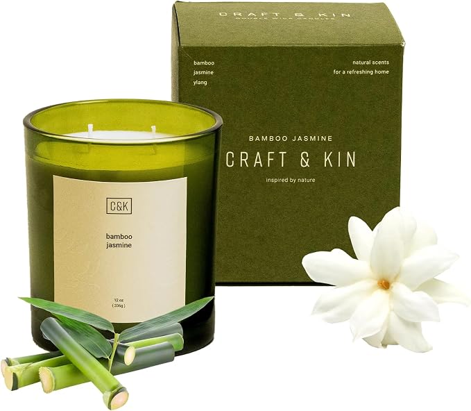 12oz Bamboo Jasmine Candle for Home | Green Scented Candles for Men | Winter Candles Made with Natural Soy | Holiday, product