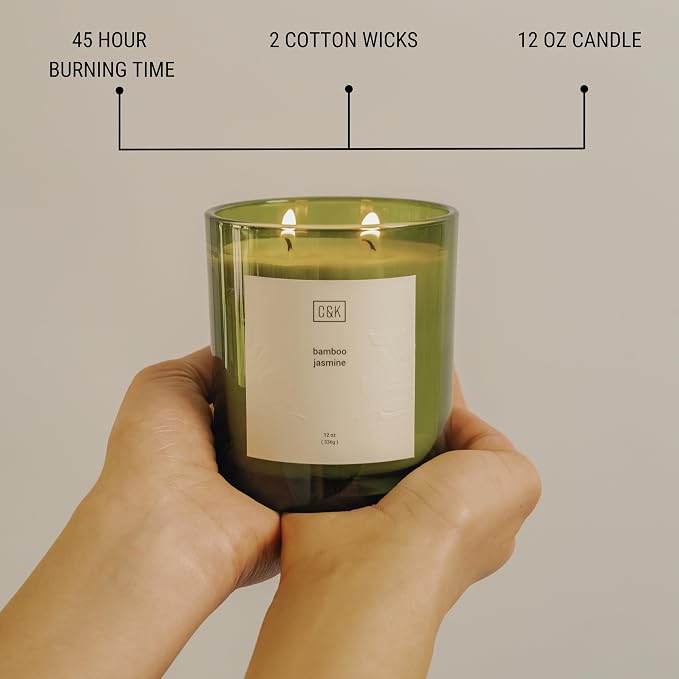 12oz Bamboo Jasmine Candle for Home | Green Scented Candles for Men | Winter Candles Made with Natural Soy | Holiday