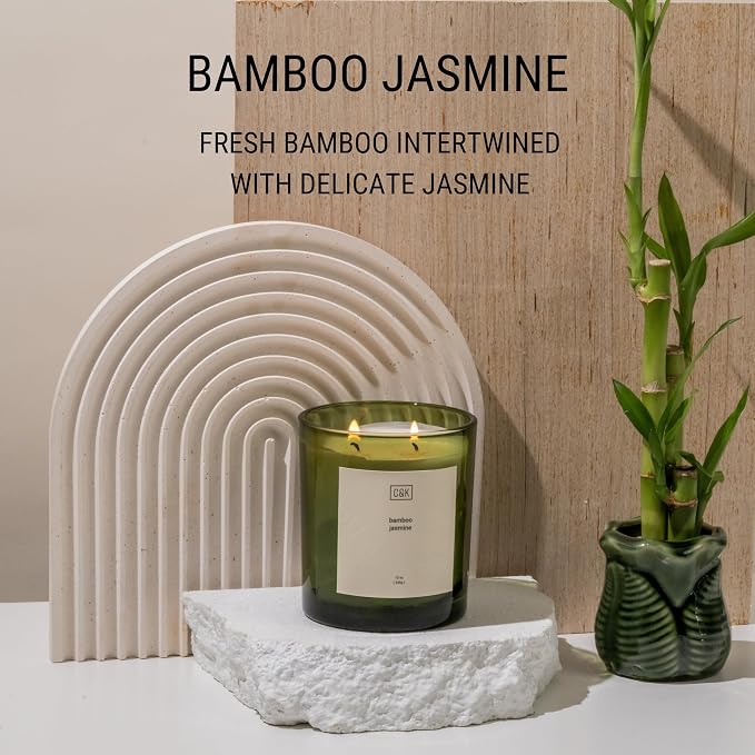 12oz Bamboo Jasmine Candle for Home | Green Scented Candles for Men | Winter Candles Made with Natural Soy | Holiday