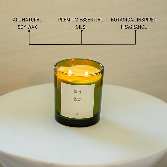 12oz Bamboo Jasmine Candle for Home | Green Scented Candles for Men | Winter Candles Made with Natural Soy | Holiday