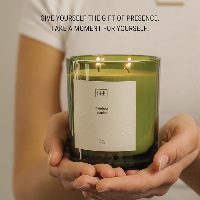 12oz Bamboo Jasmine Candle for Home | Green Scented Candles for Men | Winter Candles Made with Natural Soy | Holiday