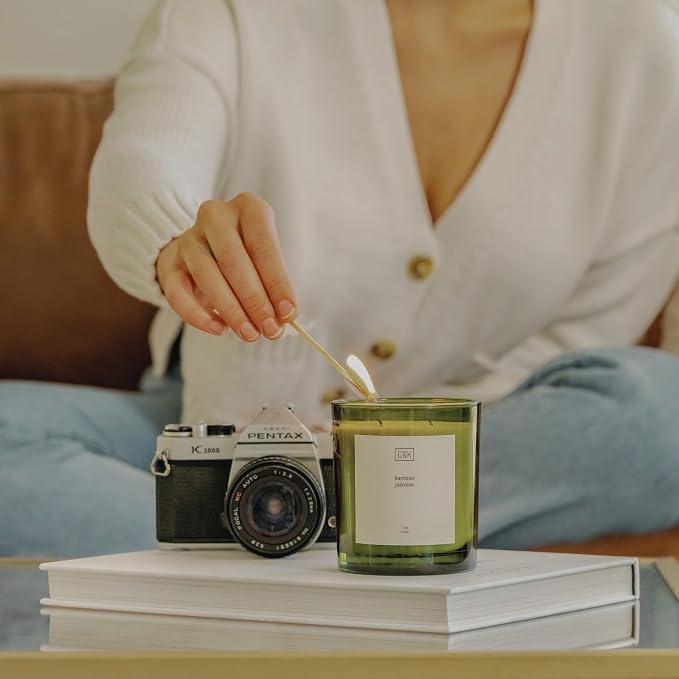 12oz Bamboo Jasmine Candle for Home | Green Scented Candles for Men | Winter Candles Made with Natural Soy | Holiday