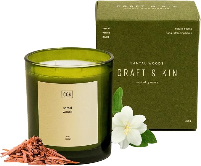 12oz Santal Woods Scented Candle for Home | Green Winter Scented Candles for Men | Made with Natural Soy | Gifts for, product