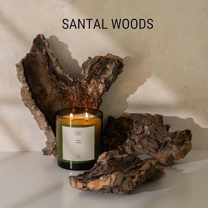 12oz Santal Woods Scented Candle for Home | Green Winter Scented Candles for Men | Made with Natural Soy | Gifts for