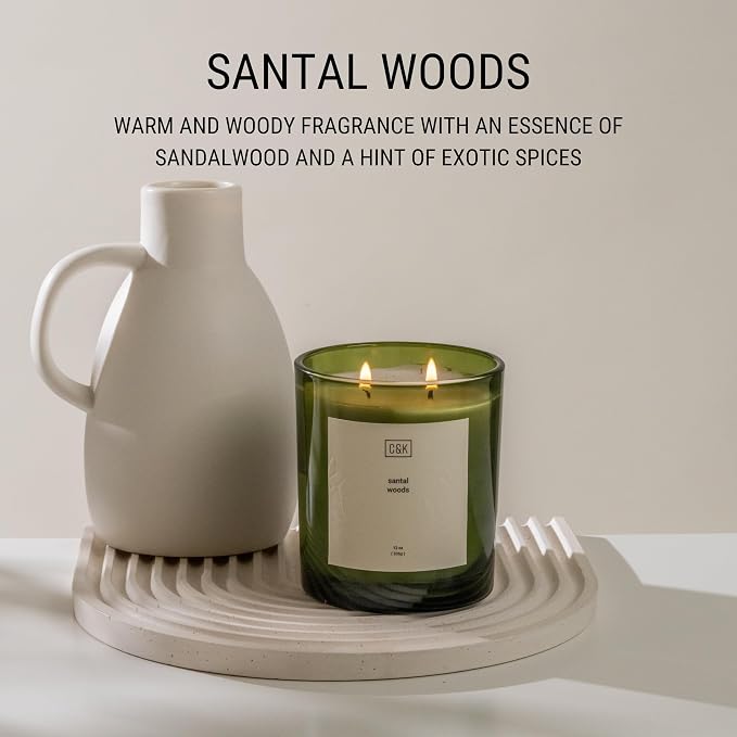 12oz Santal Woods Scented Candle for Home | Green Winter Scented Candles for Men | Made with Natural Soy | Gifts for