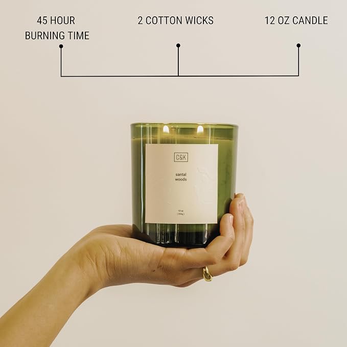12oz Santal Woods Scented Candle for Home | Green Winter Scented Candles for Men | Made with Natural Soy | Gifts for