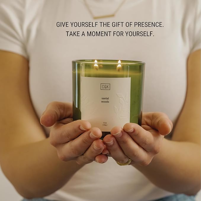 12oz Santal Woods Scented Candle for Home | Green Winter Scented Candles for Men | Made with Natural Soy | Gifts for
