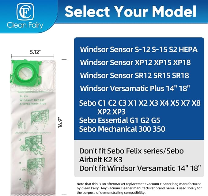 12Pack Micro Synthetic Cloth Bags Compatible With C G & X series & Windsor Sensor S12 S15 XP12 XP15 XP18 SR12 SR15 SR18