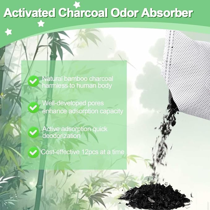 12PCS Charcoal Odor Absorber, Household Activated Charcoal Odor Absorber, Bamboo Charcoal Air Purifying Bag, Shoe Deodorizer