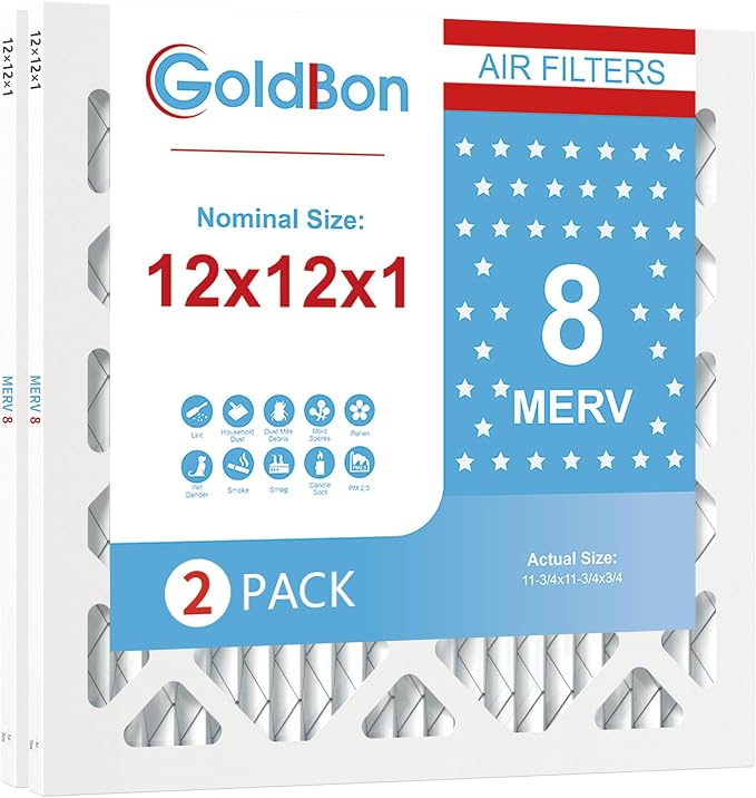 12x12x1 Air Filter 2 PACK, MERV 8 MPR 600 Pleated HVAC AC Furnace Dust Defense Air Filters Replacement (Actual Size: 11 3/4 x