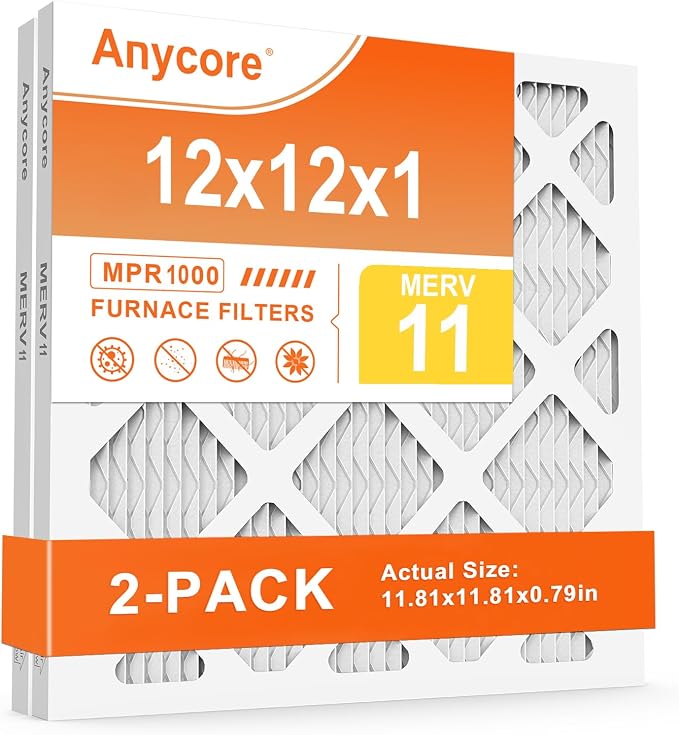 12x12x1 Air Filter 2 Pack MERV11 HVAC AC Furnace Pleated Filters for Home MPR 1000 FPR 7 (exact dimensions 11.81x11.81x0.79