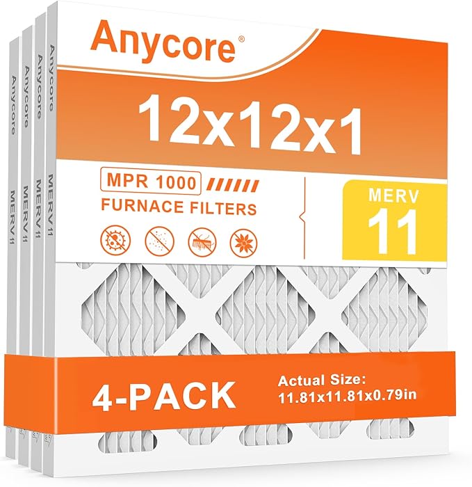 12x12x1 Air Filter 4 Pack MERV 11 HVAC AC Furnace Pleated Air Filters for Home Office MPR 1000 FPR 7 (Actual
