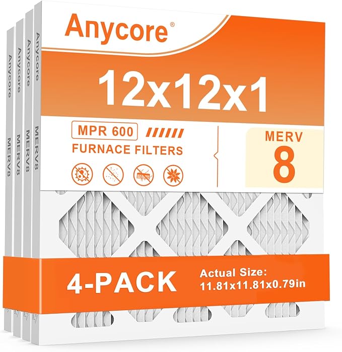 12x12x1 Air Filter 4 Pack MERV 8 Furnace HVAC AC Pleated Air Filters for Home Office MPR 600 FPR 5 (Actual Size