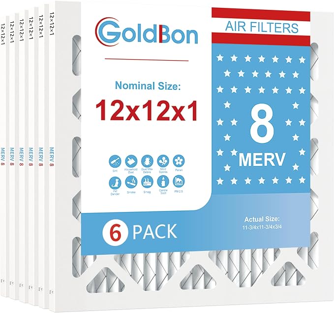 12x12x1 Air Filter 6 PACK, MERV 8 MPR 600 Pleated HVAC AC Furnace Dust Defense Air Filters Replacement (Actual Size: 11 3/4 x