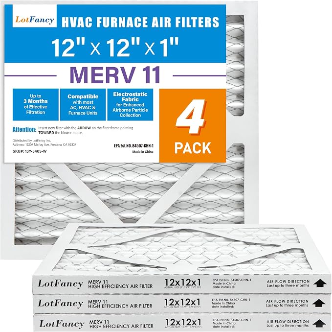 12x12x1 Air Filter MERV 11 4-Pack, Electrostatic Pleated AC Furnace Air Filter, Captures Dust, Smog & Pet Dander, Actual