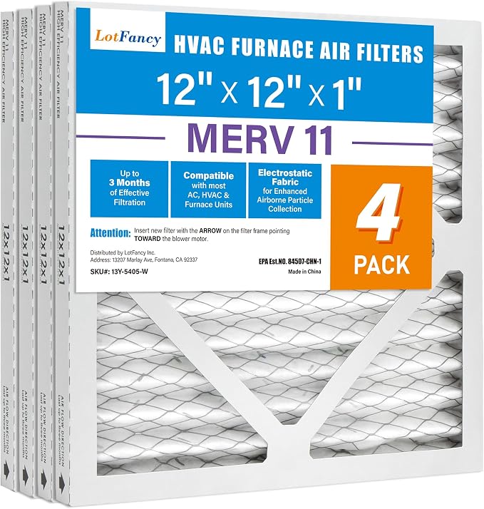 12x12x1 Air Filter MERV 11 4-Pack, Electrostatic Pleated AC Furnace Air Filter, Captures Dust, Smog & Pet Dander, Actual