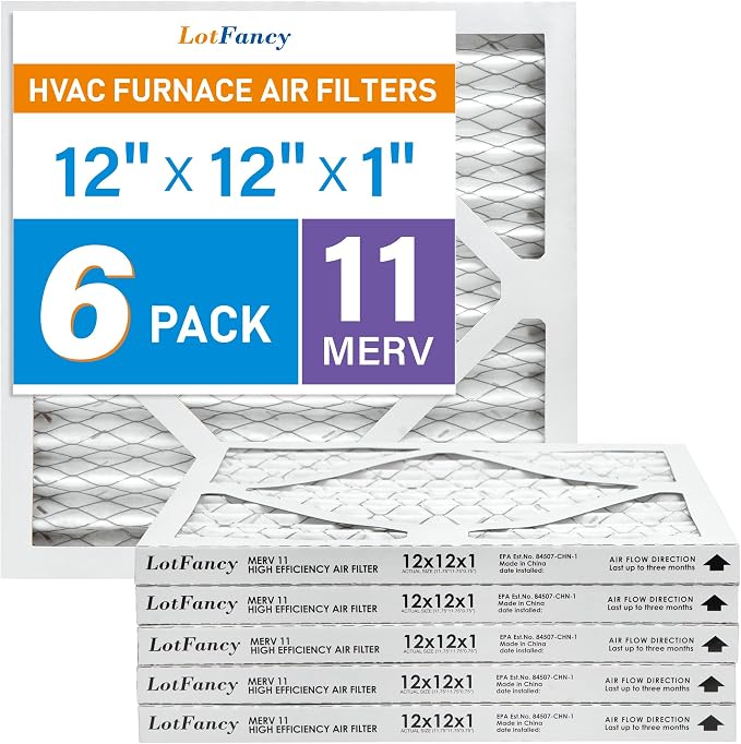 12x12x1 Air Filter MERV 11 6-Pack, Electrostatic Pleated AC Furnace Air Filter, Captures Dust, Smog & Pet