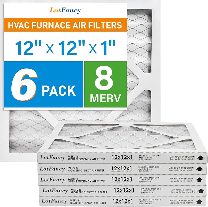 12x12x1 Air Filter MERV 8 6-Pack, Electrostatic Pleated Furnace & AC Filter, Captures Dust, Pet Hair, Pollen, Actual Size