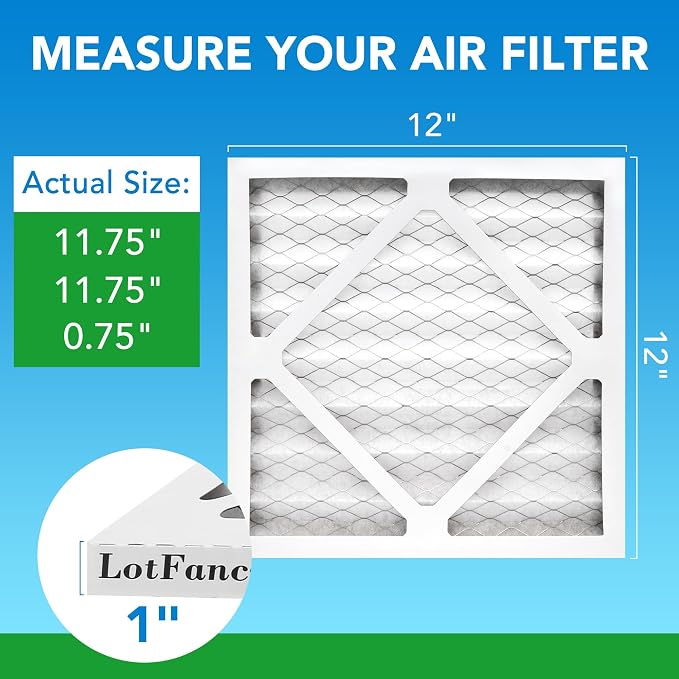 12x12x1 Air Filter MERV 8 6-Pack, Electrostatic Pleated Furnace & AC Filter, Captures Dust, Pet Hair, Pollen, Actual Size
