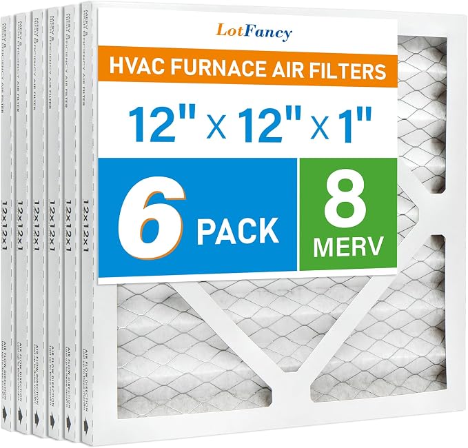 12x12x1 Air Filter MERV 8 6-Pack, Electrostatic Pleated Furnace & AC Filter, Captures Dust, Pet Hair, Pollen, Actual Size
