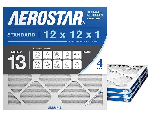 12x12x1 MERV 13 Air Filter, 4 Pack Set of HVAC Furnace Filters, Electrostatic MPR 1500-1900 & FPR 10 (Actual Size: 11 3/4 x