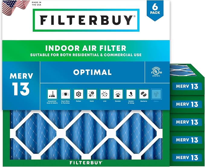 12x12x2 Air Filter MERV 13 Optimal Smoke & Allergy Defense (6-Pack), Electrostatic Pleated HVAC AC Furnace