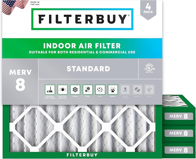 12x12x2 Air Filter MERV 8 Essential Dust & Allergy Defense (4-Pack), Electrostatic Pleated HVAC AC Furnace Filters