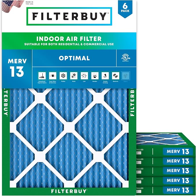 12x16x1 Air Filter MERV 13 Optimal Smoke & Allergy Defense (6-Pack), Electrostatic Pleated HVAC AC Furnace