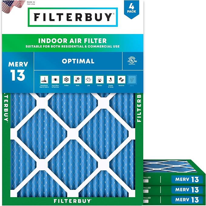 12x18x1 Air Filter MERV 13 Optimal Smoke & Allergy Defense (4-Pack), Electrostatic Pleated HVAC AC Furnace