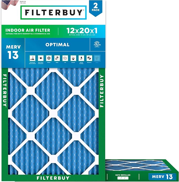 12x20x1 Air Filter MERV 13 Optimal Smoke & Allergy Defense (2-Pack), Electrostatic Pleated HVAC AC Furnace Filters