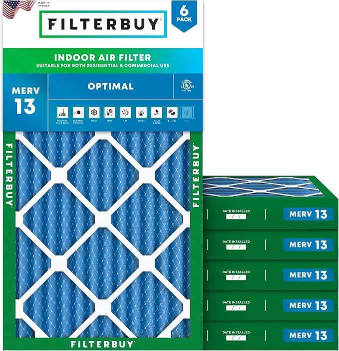 12x20x2 Air Filter MERV 13 Optimal Smoke & Allergy Defense (6-Pack), Electrostatic Pleated HVAC AC Furnace
